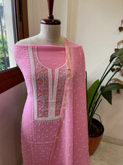 Pink Suit Set with Pearl, Cut Daana and Thread Handwork in Pure Mul Chanderi - Masakalee