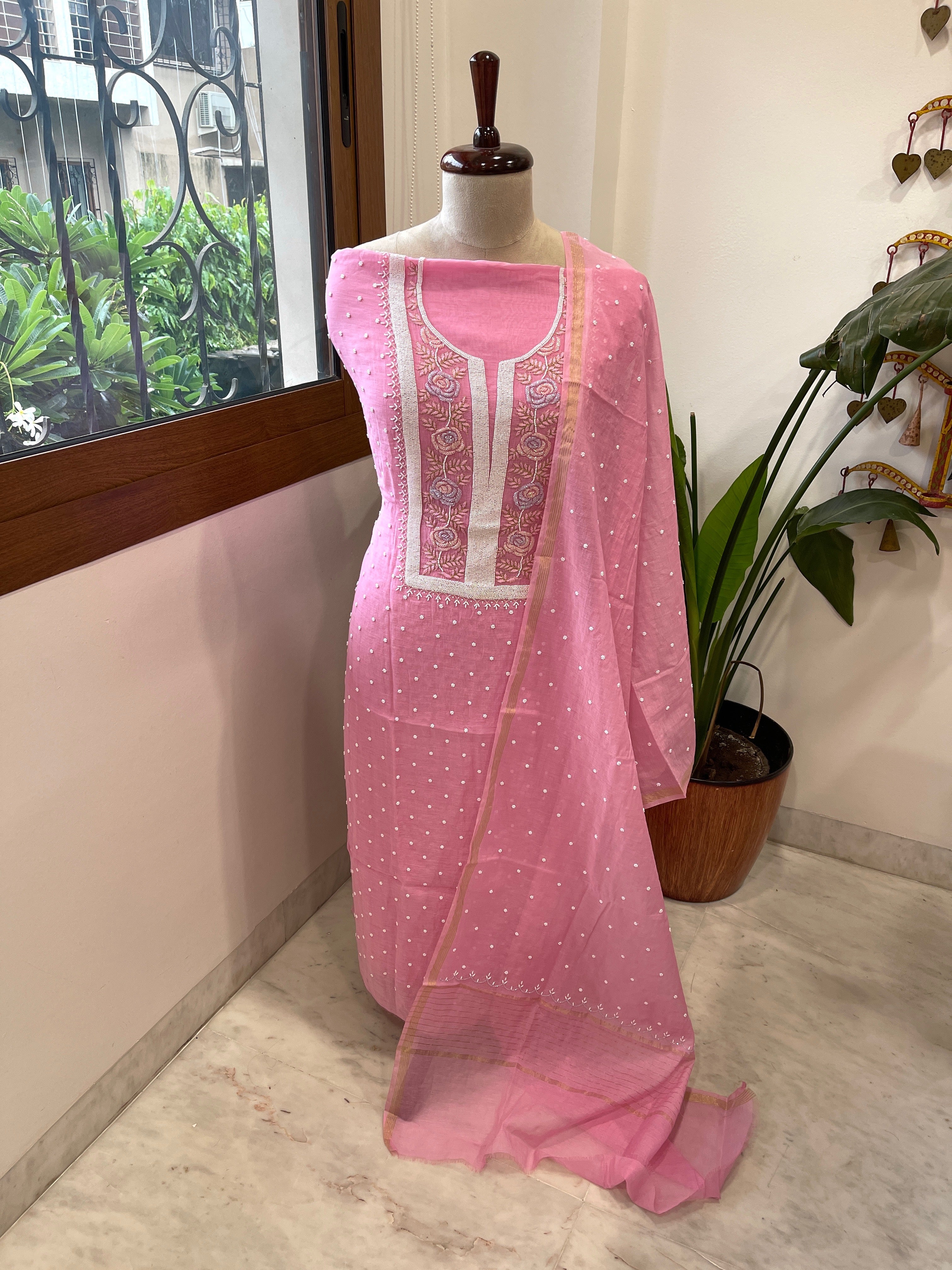 Pink Suit Set with Pearl, Cut Daana and Thread Handwork in Pure Mul Chanderi - Masakalee