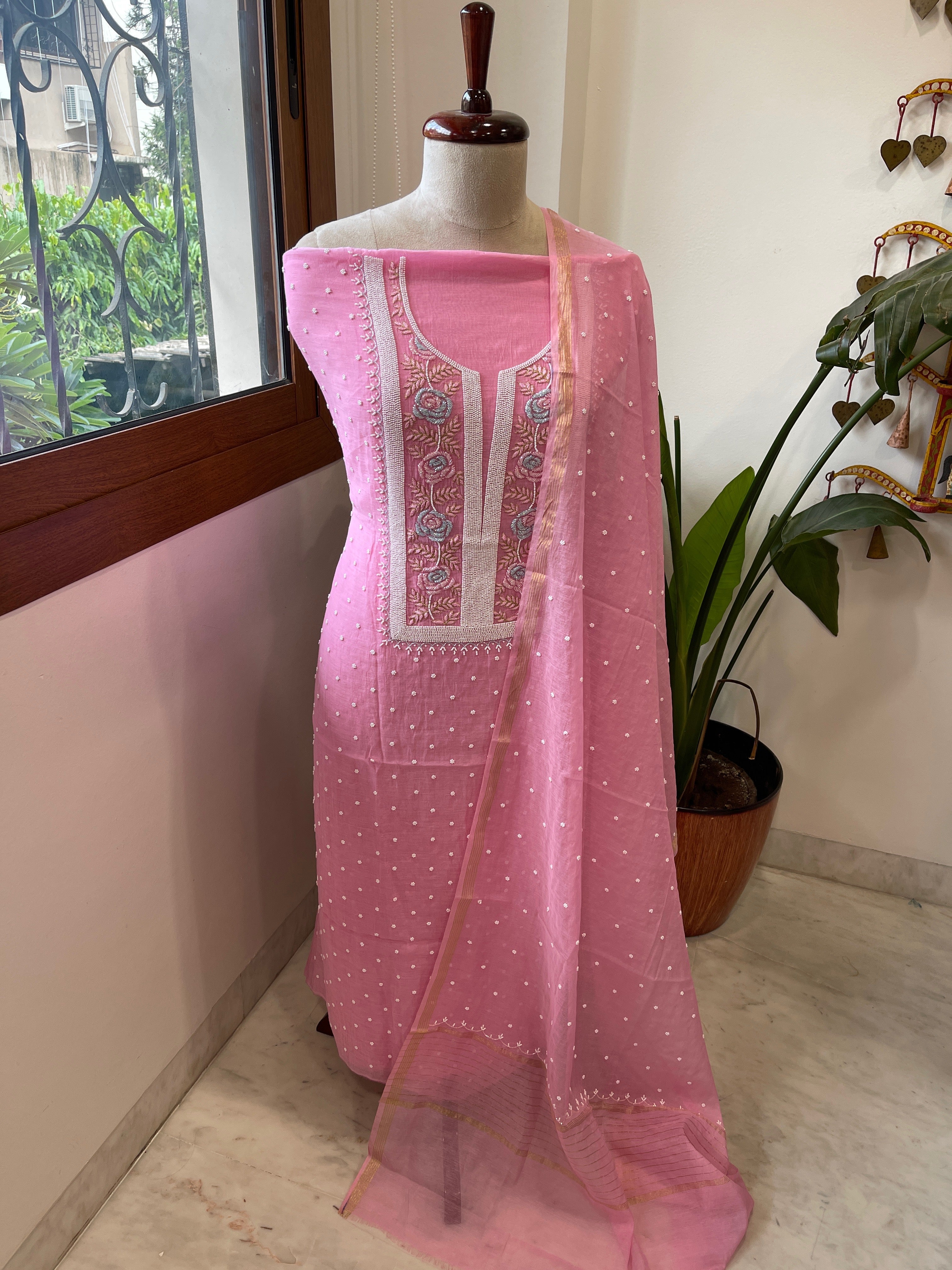 Pink Suit Set with Pearl, Cut Daana and Thread Handwork in Pure Mul Chanderi - Masakalee