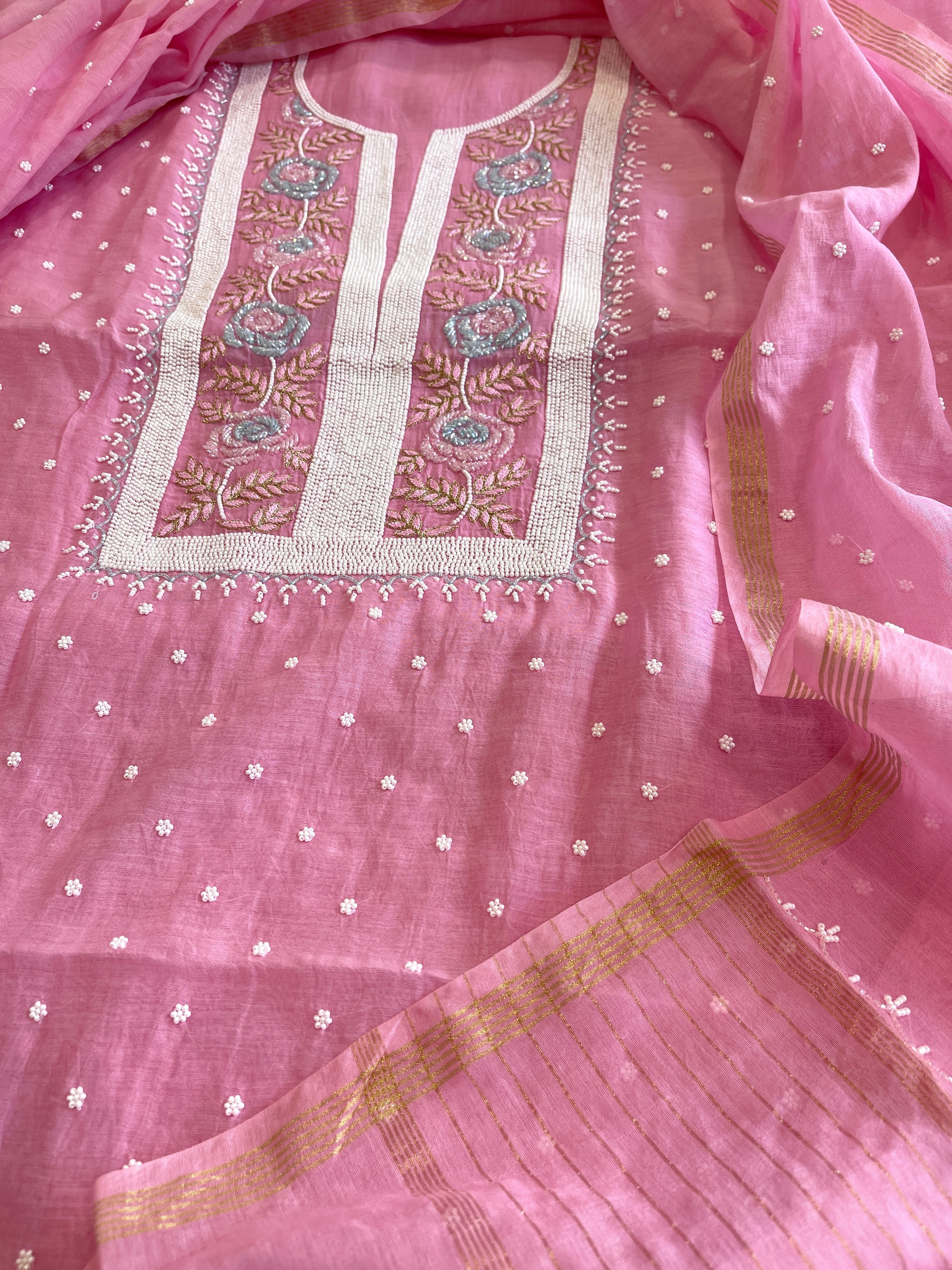 Pink Suit Set with Pearl, Cut Daana and Thread Handwork in Pure Mul Chanderi - Masakalee