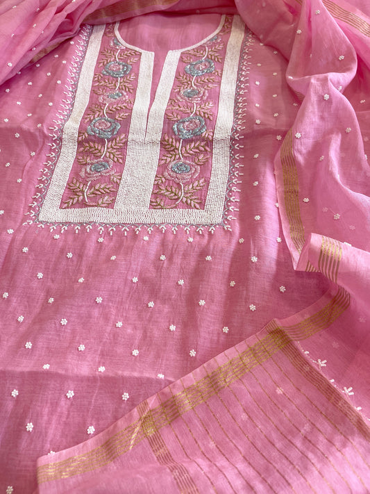 Pink Suit Set with Pearl, Cut Daana and Thread Handwork in Pure Mul Chanderi - Masakalee