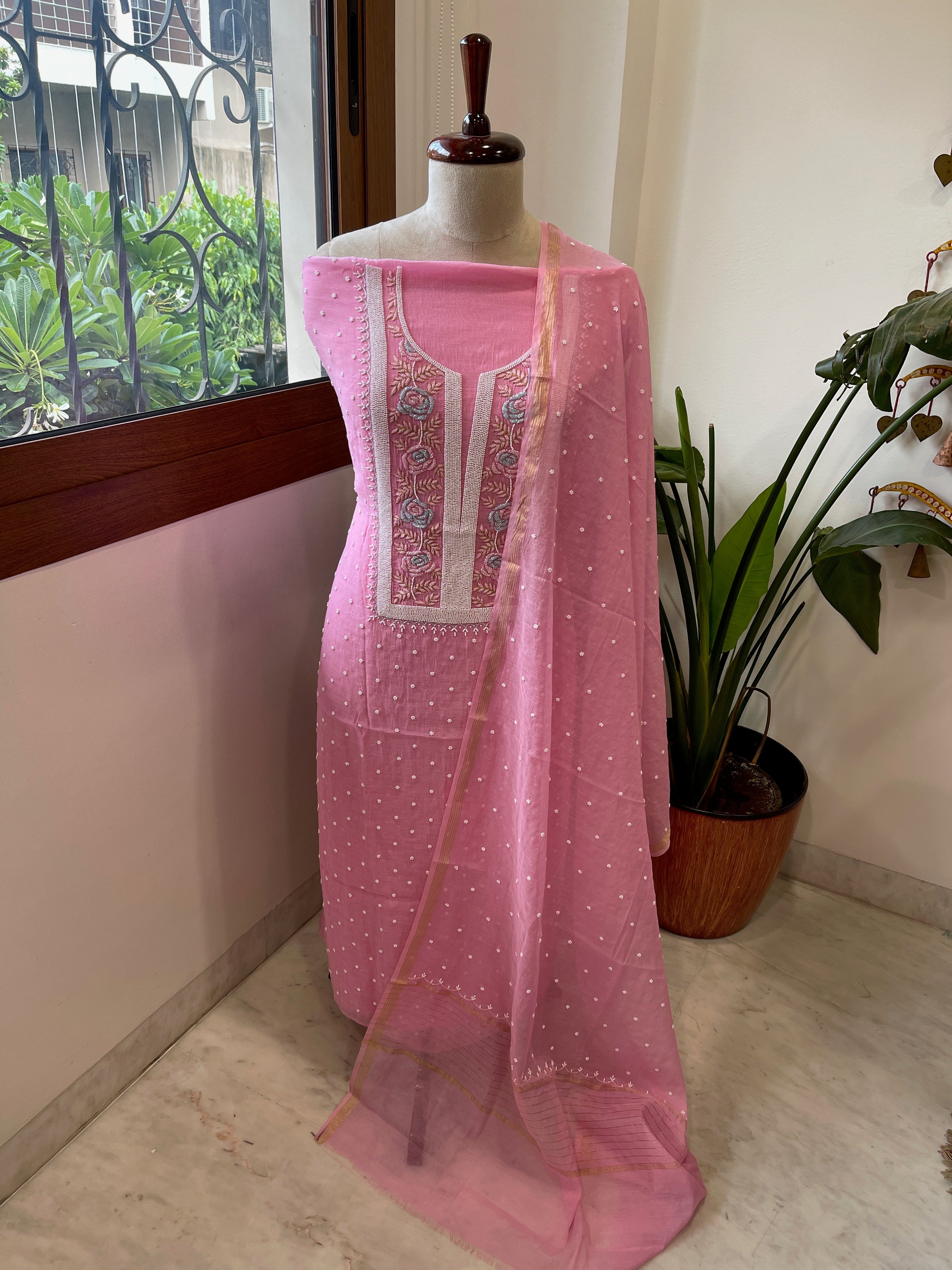Pink Suit Set with Pearl, Cut Daana and Thread Handwork in Pure Mul Chanderi - Masakalee
