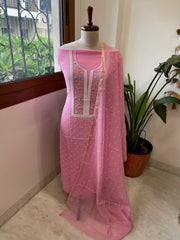 Pink Suit Set with Pearl, Cut Daana and Thread Handwork in Pure Mul Chanderi - Masakalee