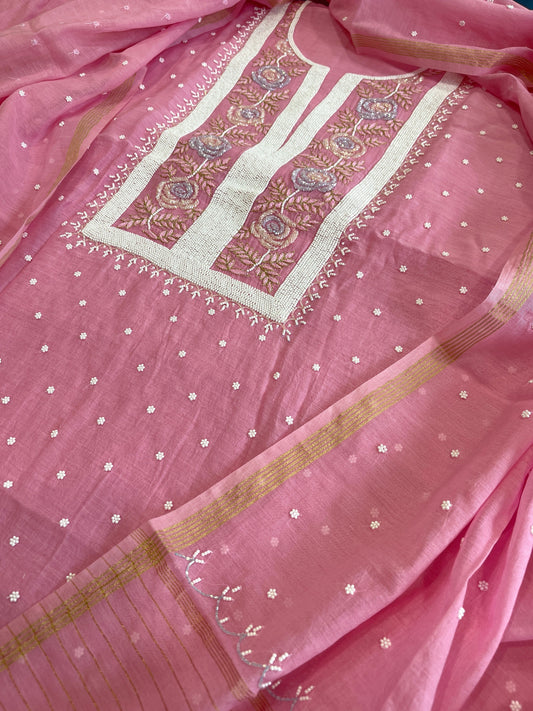 Pink Suit Set with Pearl, Cut Daana and Thread Handwork in Pure Mul Chanderi - Masakalee