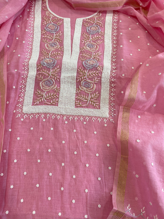 Pink Suit Set with Pearl, Cut Daana and Thread Handwork in Pure Mul Chanderi - Masakalee