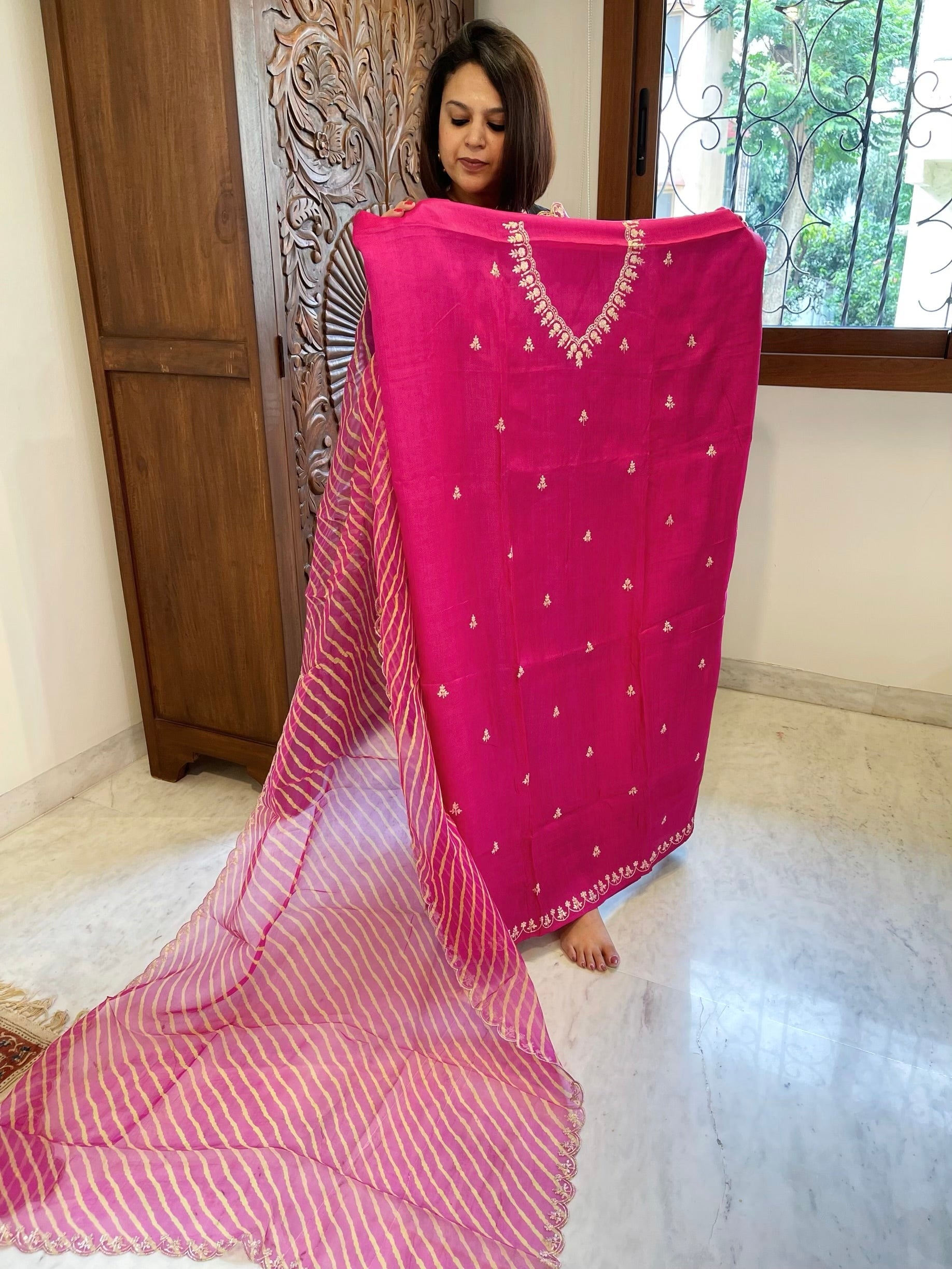 Pink Suit Set with Pitta Work in Pure Tussar Silk - Masakalee