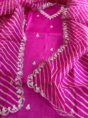 Pink Suit Set with Pitta Work in Pure Tussar Silk - Masakalee