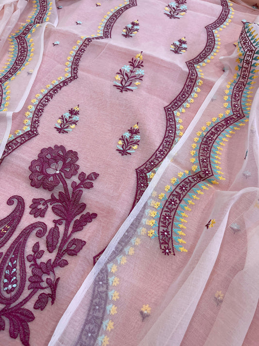 Pink Suit Set with Thread Embroidery in Mul Chanderi - Masakalee