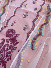 Pink Suit Set with Thread Embroidery in Mul Chanderi - Masakalee