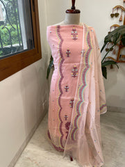 Pink Suit Set with Thread Embroidery in Mul Chanderi - Masakalee