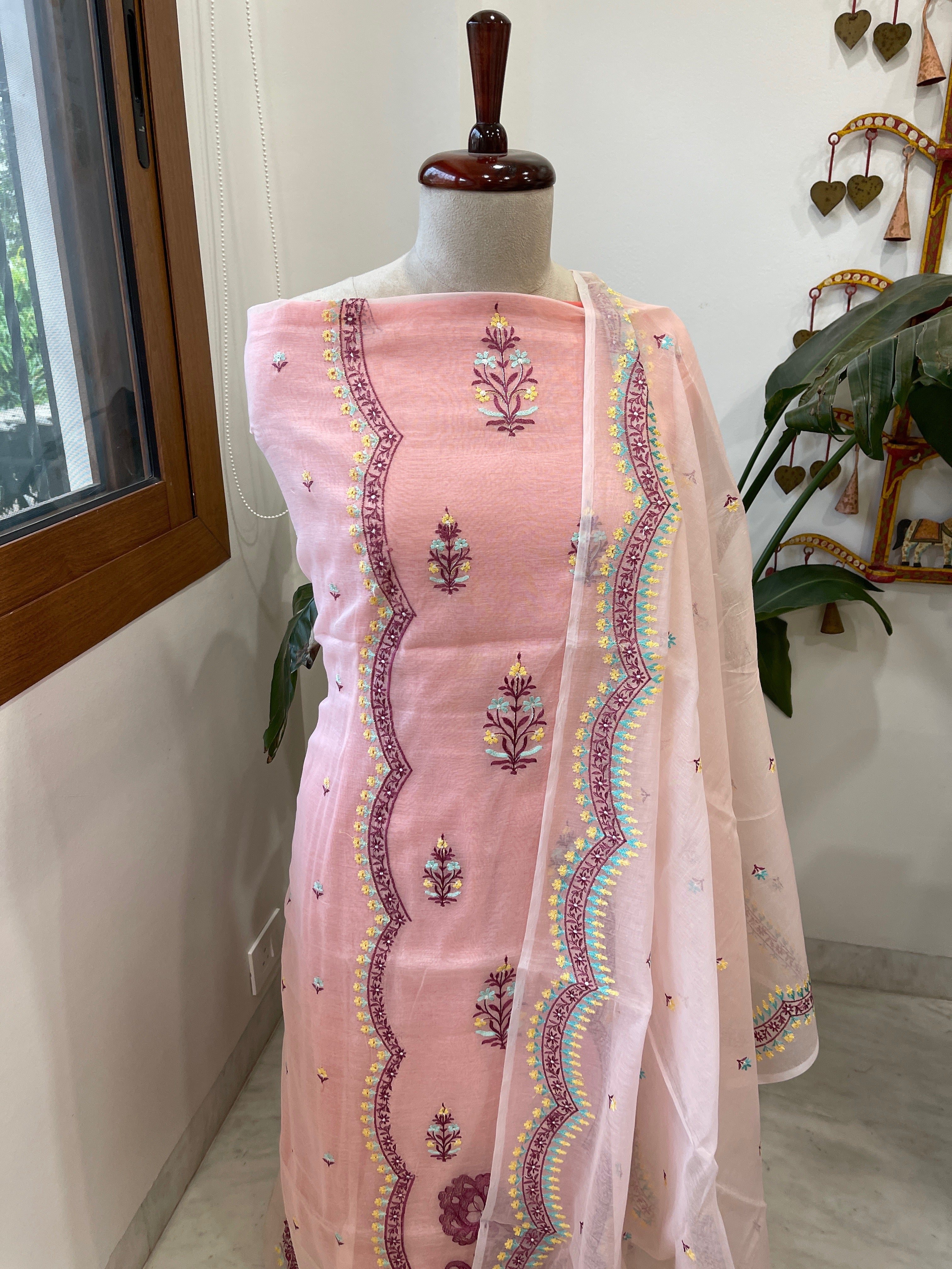 Pink Suit Set with Thread Embroidery in Mul Chanderi - Masakalee