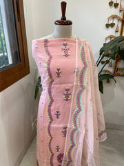 Pink Suit Set with Thread Embroidery in Mul Chanderi - Masakalee