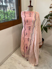 Pink Suit Set with Thread Embroidery in Mul Chanderi - Masakalee