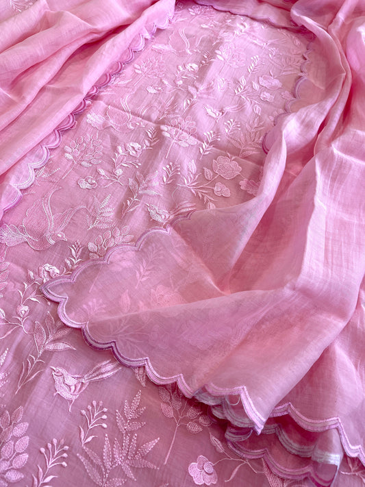 Pink Suit Set with Thread Embroidery in Pure Mul - Masakalee
