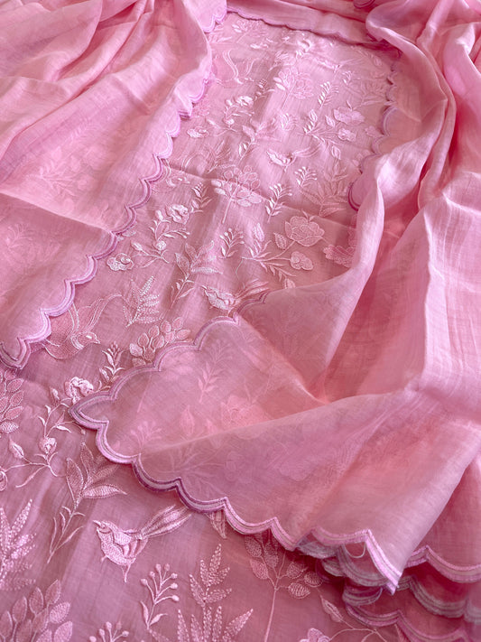 Pink Suit Set with Thread Embroidery in Pure Mul - Masakalee