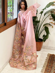 Pink Tissue Organza Dupatta with Handpainted Applique Work - Masakalee