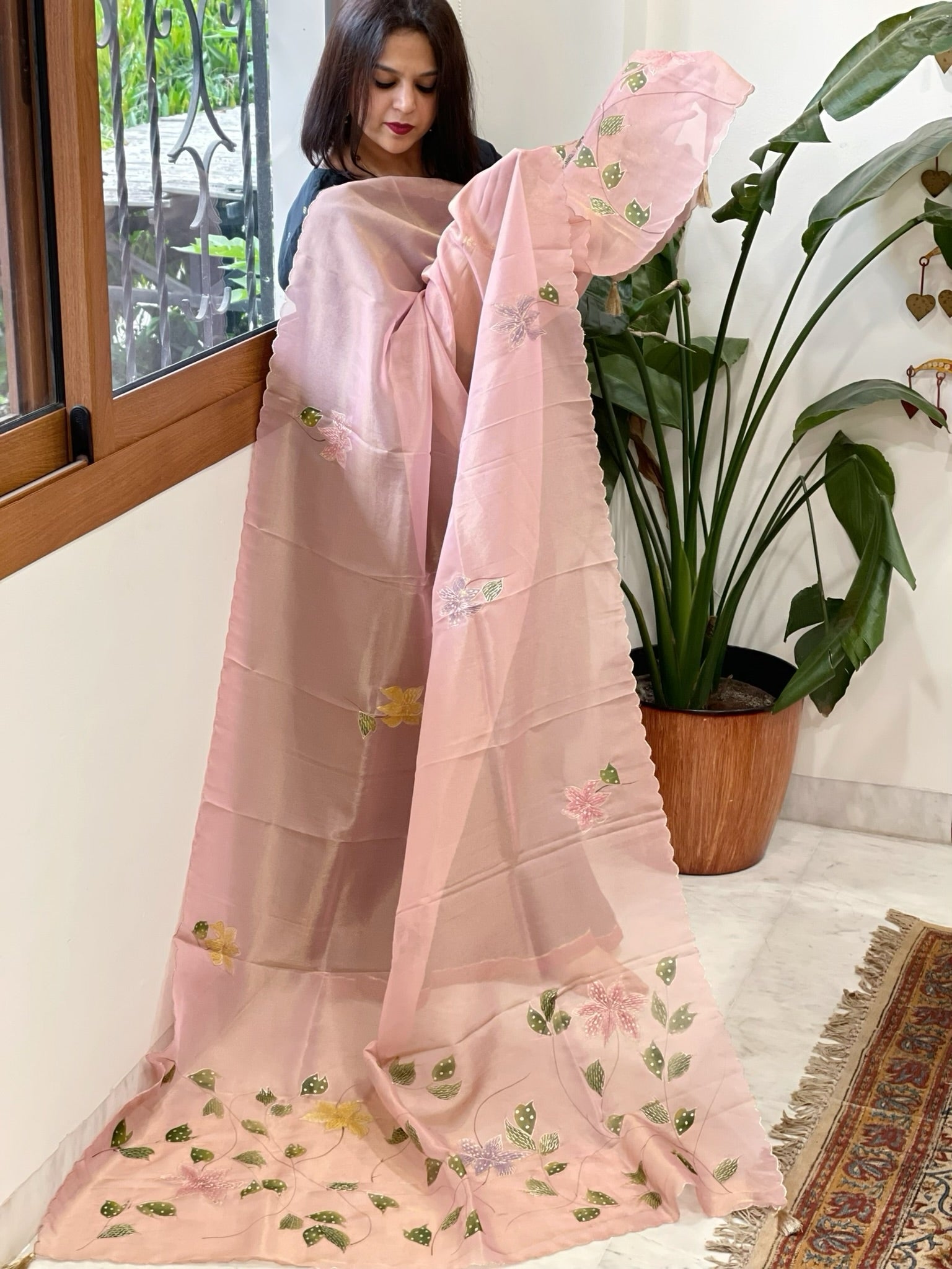 Pink Tissue Organza Dupatta with Handpainted Applique Work - Masakalee