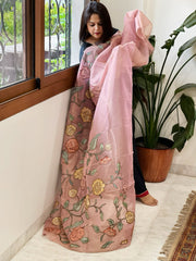 Pink Tissue Organza Dupatta with Handpainted Applique Work - Masakalee