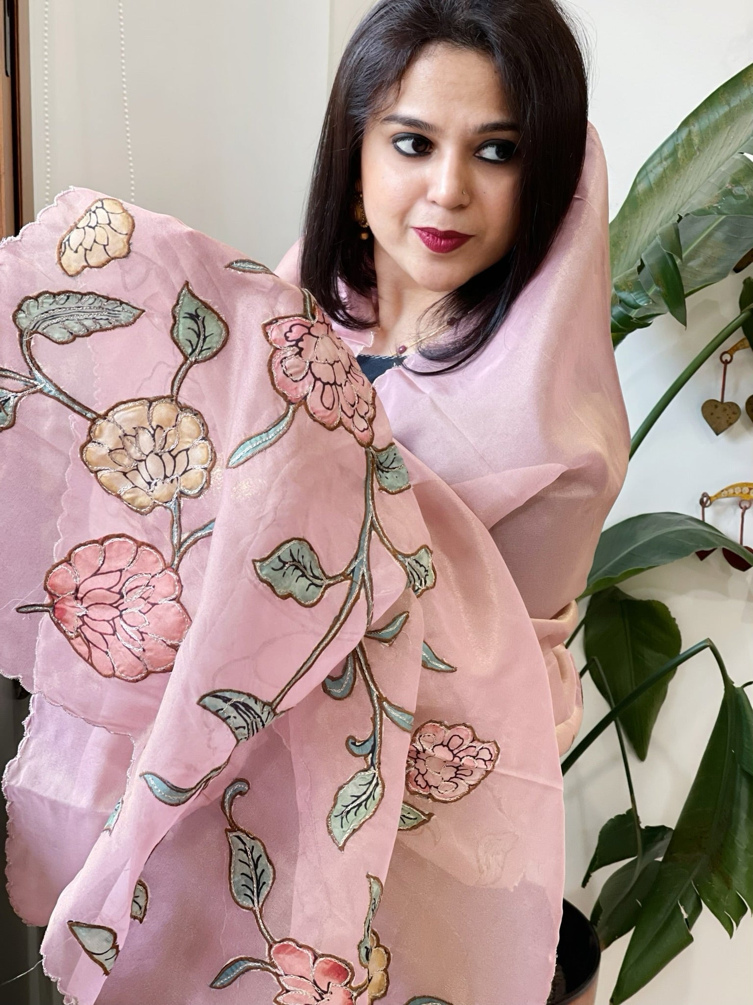 Pink Tissue Organza Dupatta with Handpainted Applique Work - Masakalee