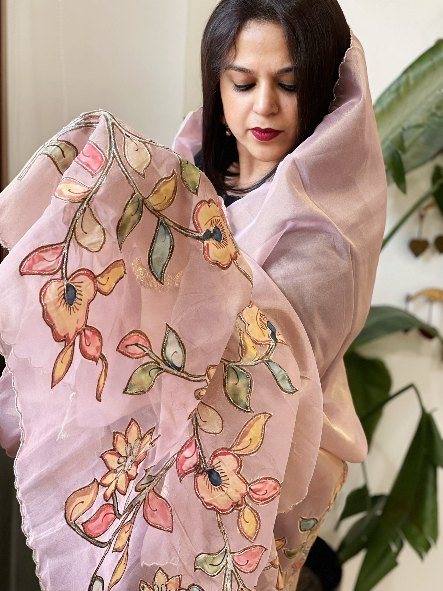 Pink Tissue Organza Dupatta with Handpainted Applique Work - Masakalee