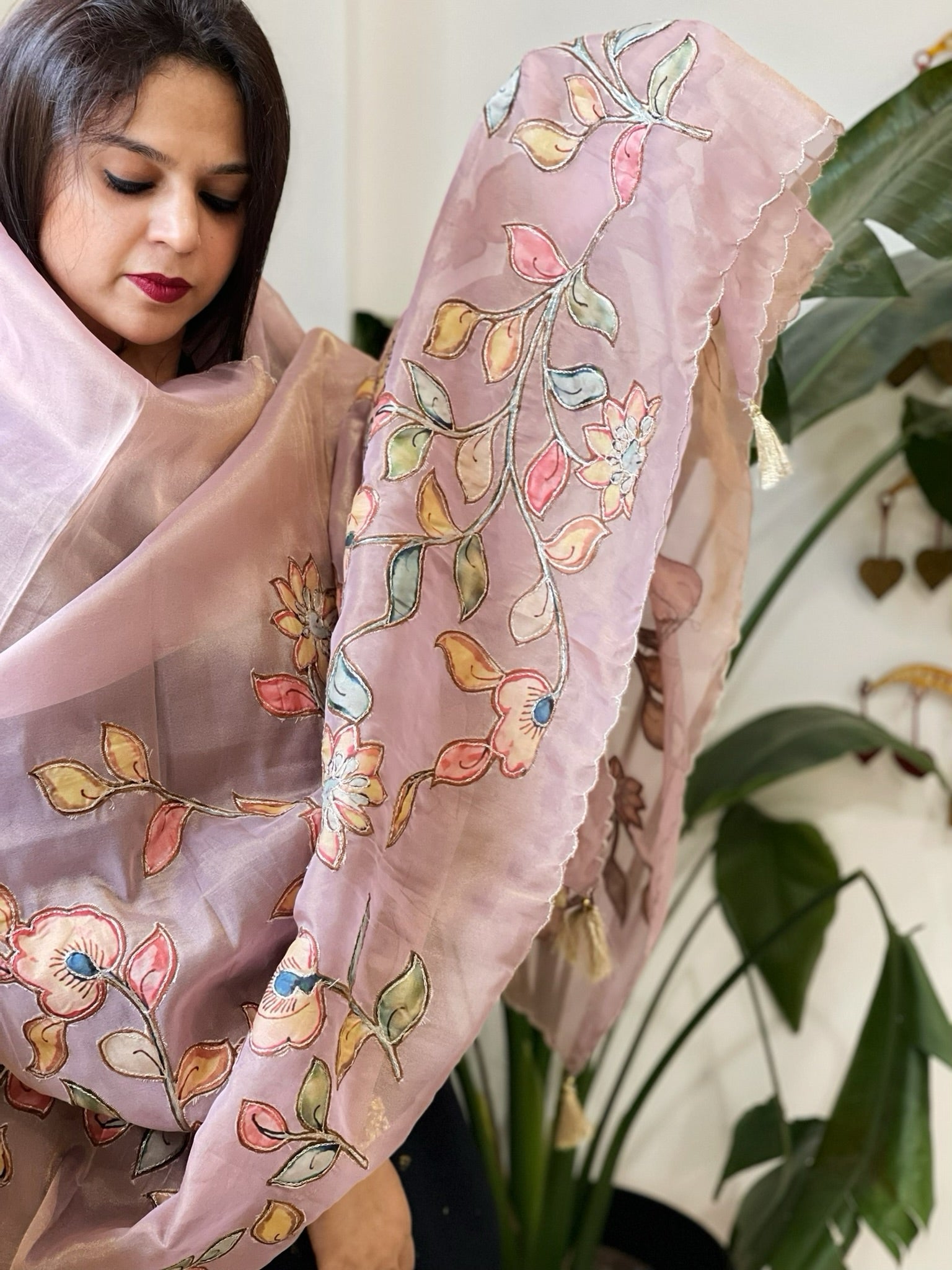 Pink Tissue Organza Dupatta with Handpainted Applique Work - Masakalee