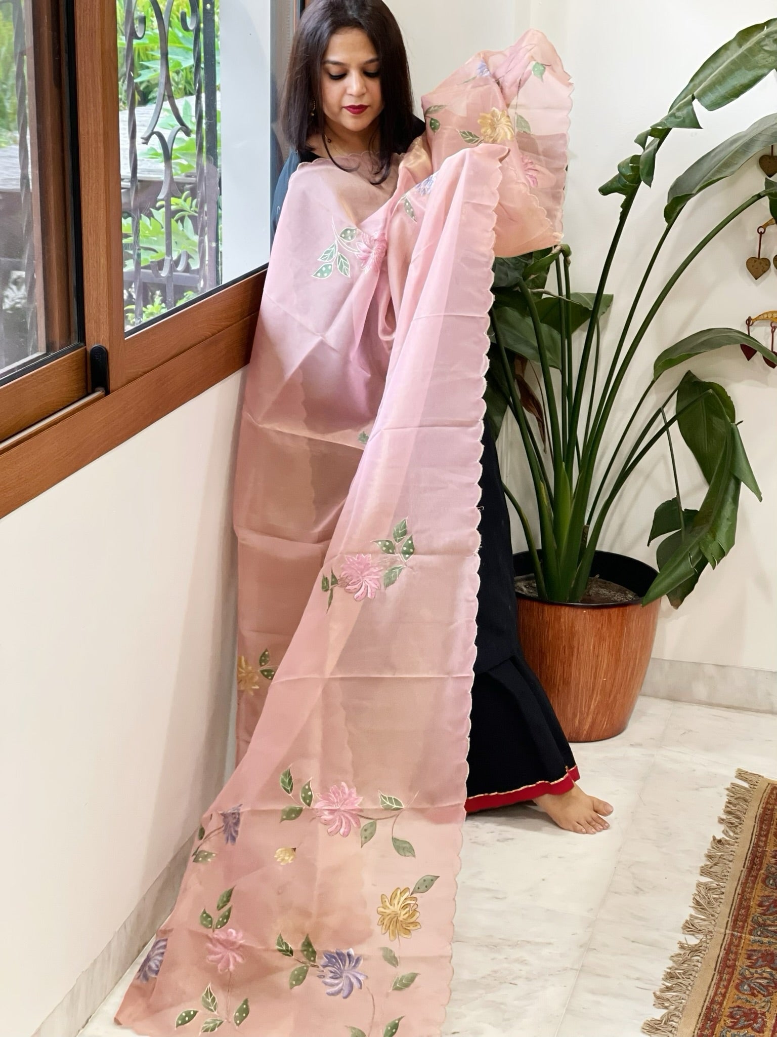 Pink Tissue Organza Dupatta with Handpainted Applique Work - Masakalee