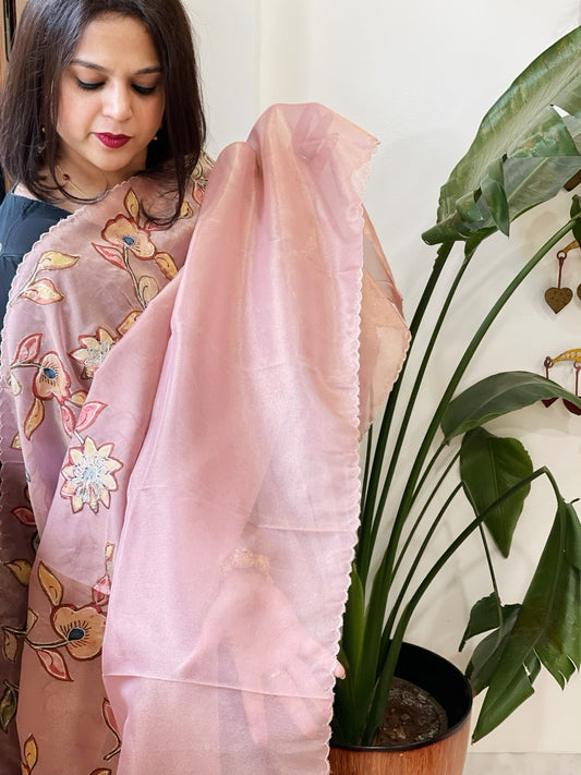 Pink Tissue Organza Dupatta with Handpainted Applique Work - Masakalee