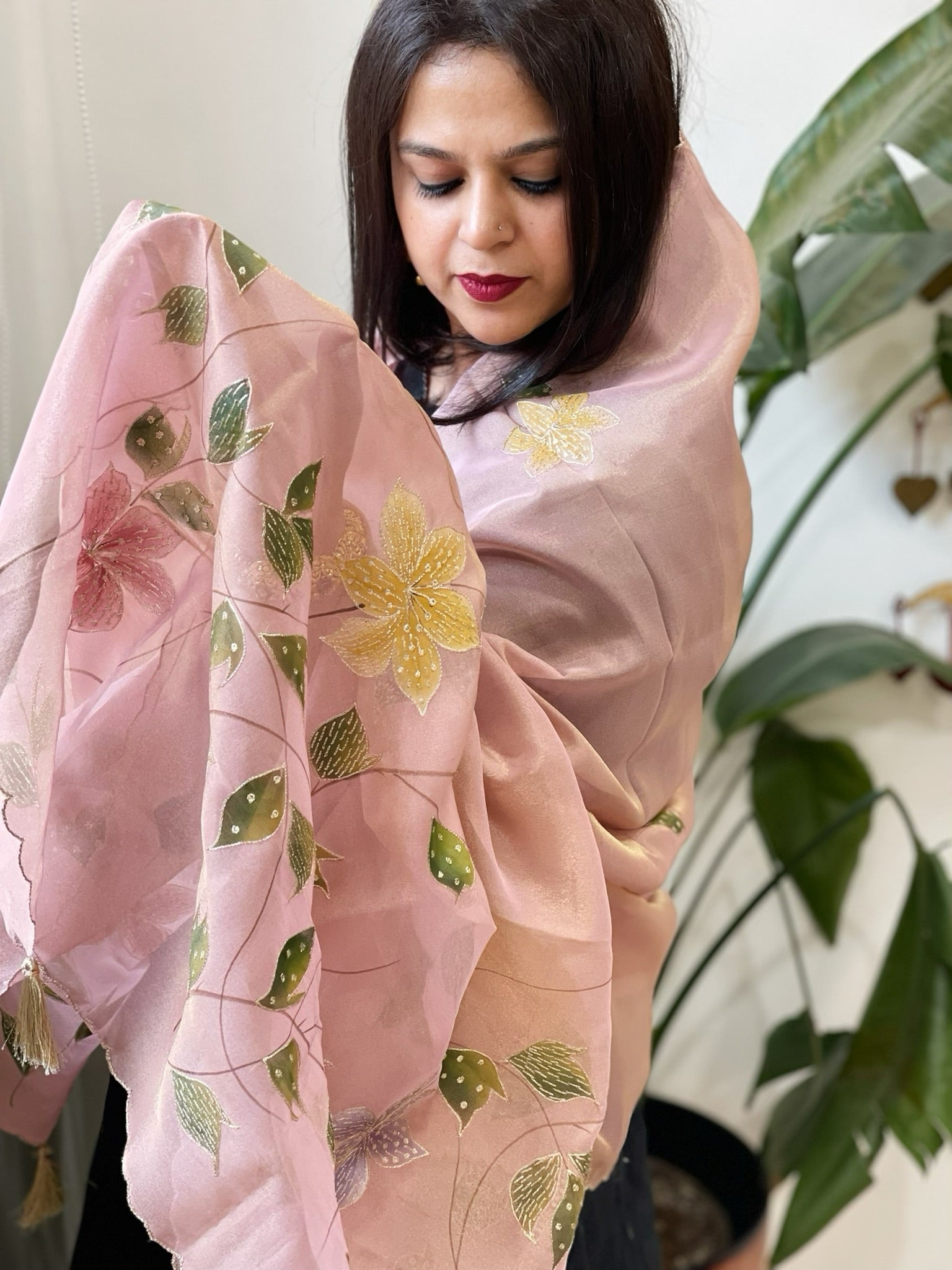 Pink Tissue Organza Dupatta with Handpainted Applique Work - Masakalee