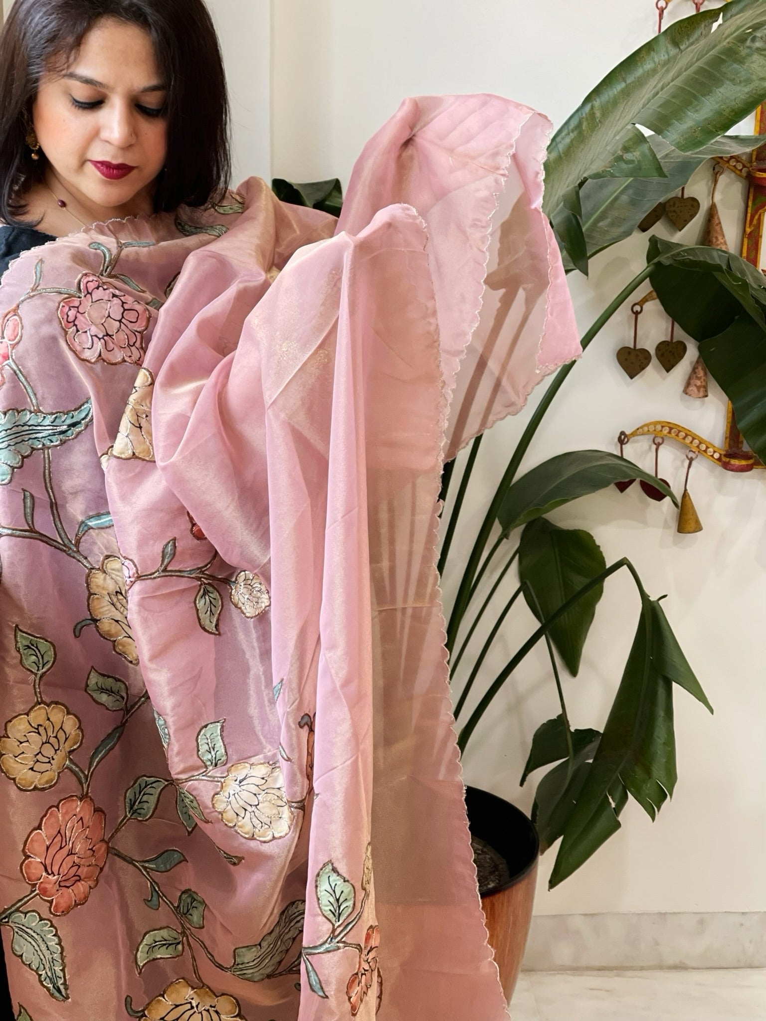 Pink Tissue Organza Dupatta with Handpainted Applique Work - Masakalee