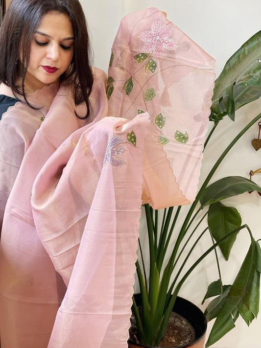 Pink Tissue Organza Dupatta with Handpainted Applique Work - Masakalee