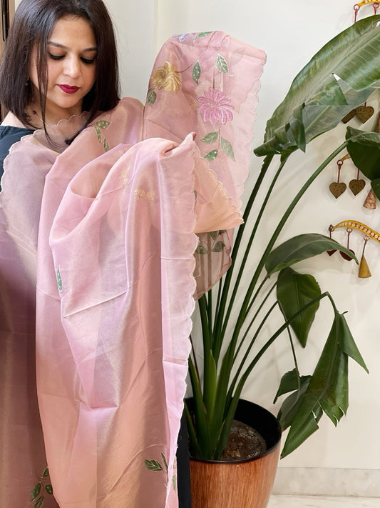 Pink Tissue Organza Dupatta with Handpainted Applique Work - Masakalee