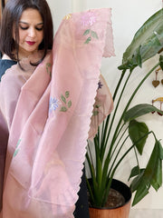 Pink Tissue Organza Dupatta with Handpainted Applique Work - Masakalee