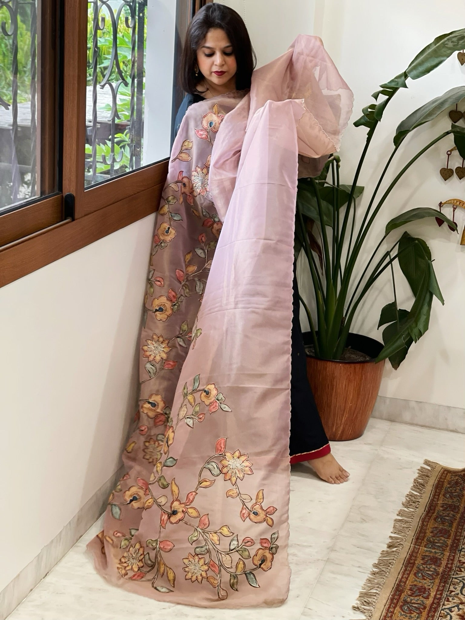 Pink Tissue Organza Dupatta with Handpainted Applique Work - Masakalee