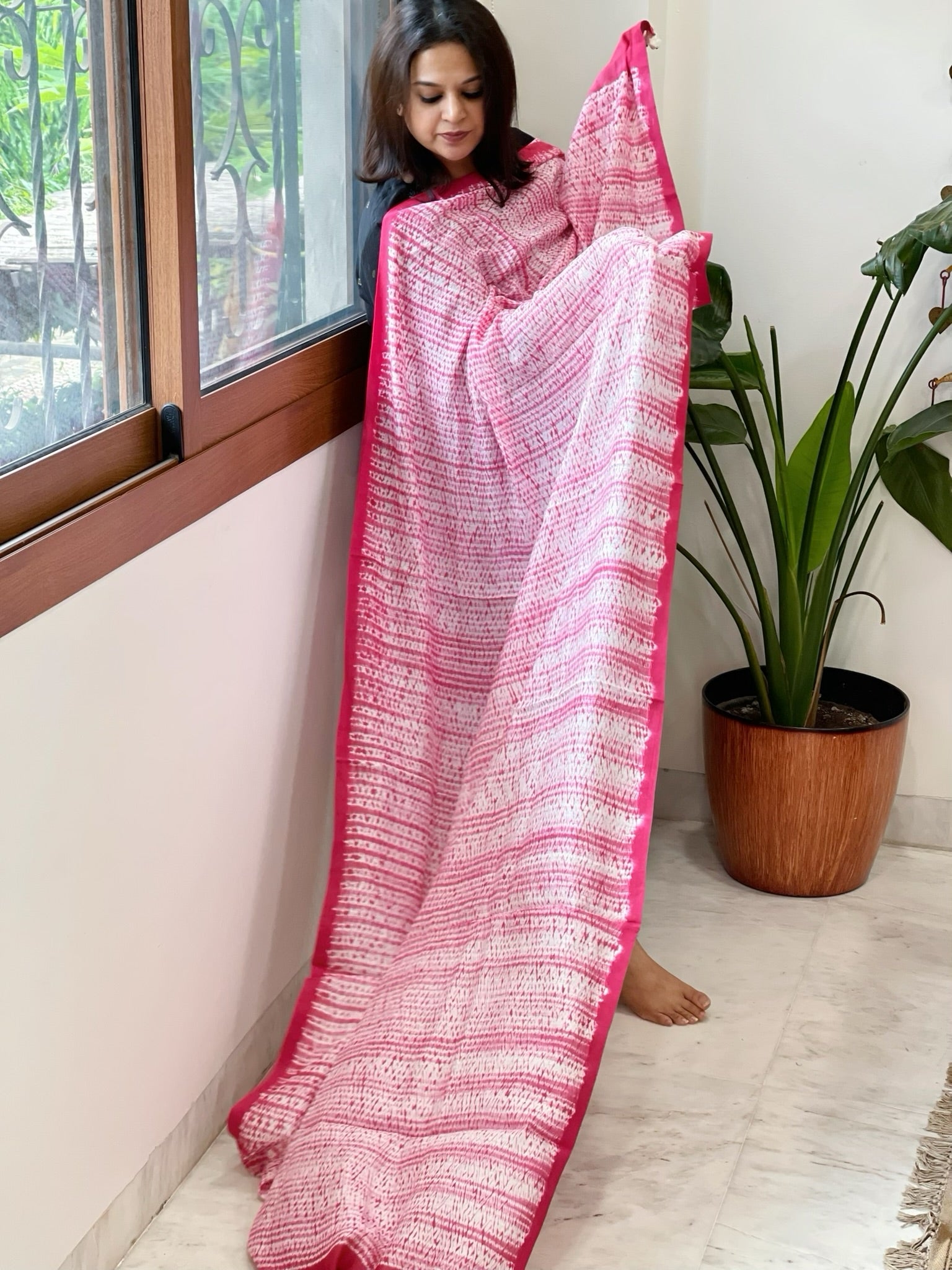 Pink, White Handmade Shibori Dupatta in Eri (Ahimsa) Silk - Masakalee