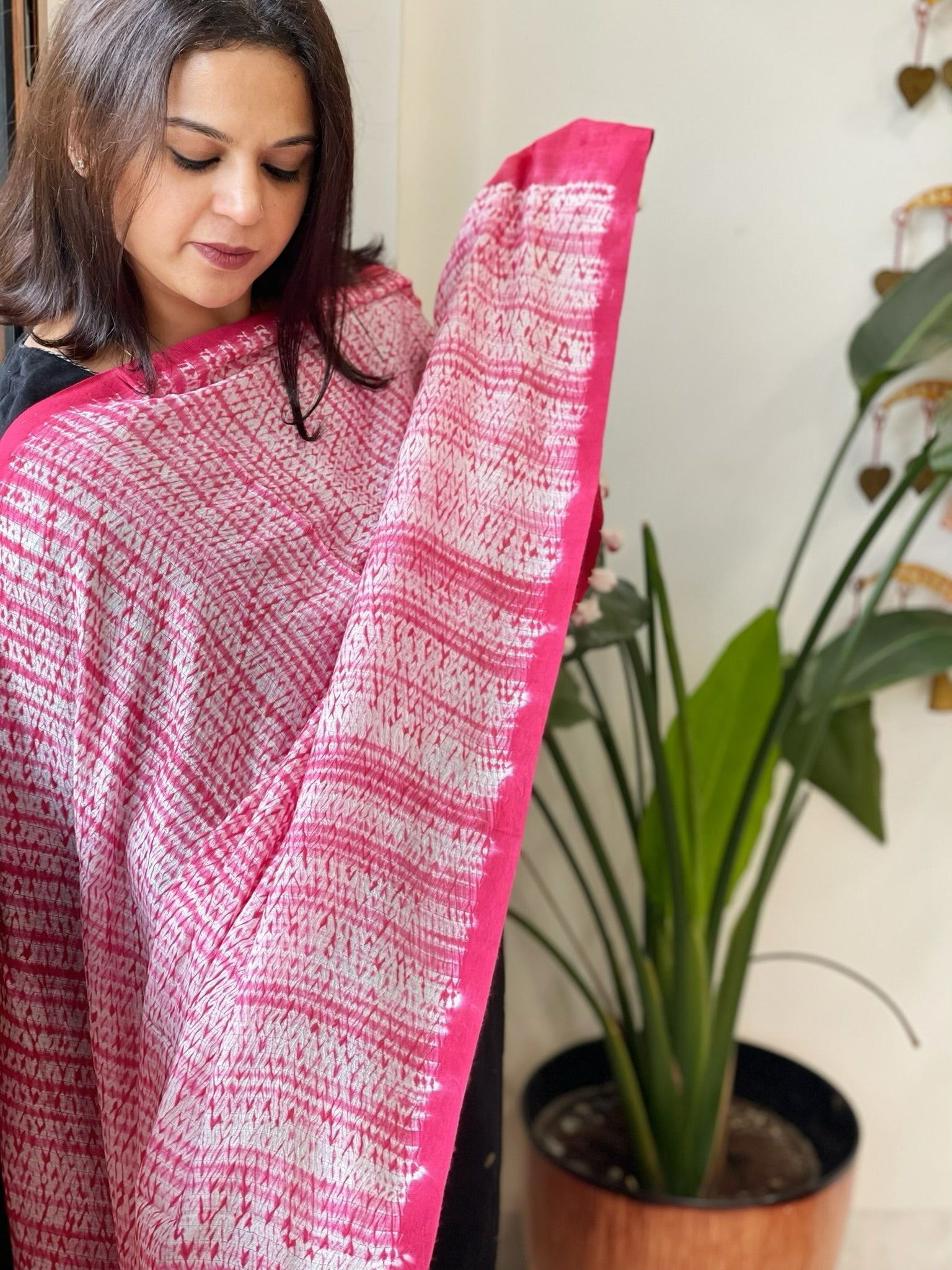 Pink, White Handmade Shibori Dupatta in Eri (Ahimsa) Silk - Masakalee