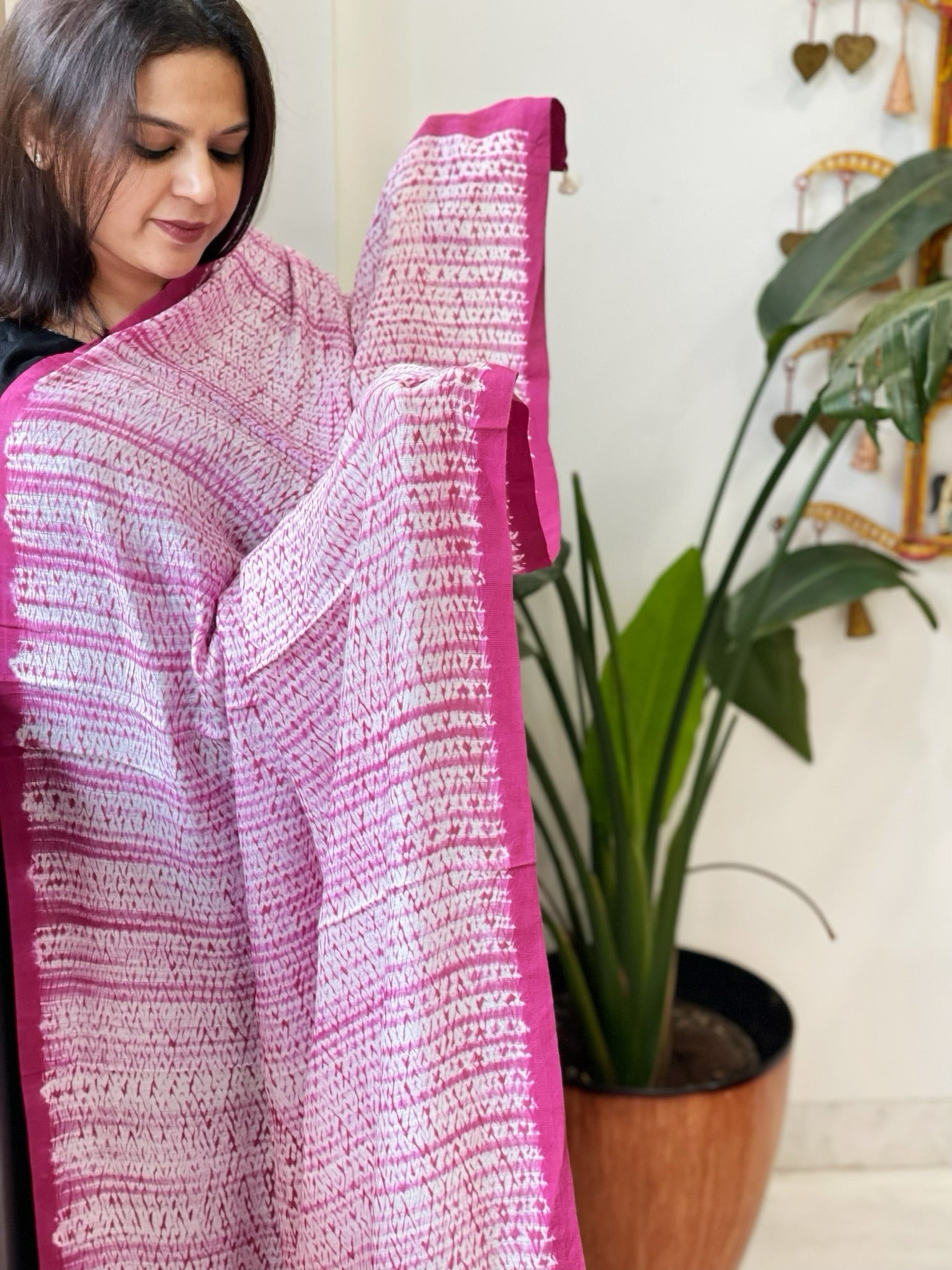 Pink, White Handmade Shibori Dupatta in Eri (Ahimsa) Silk - Masakalee