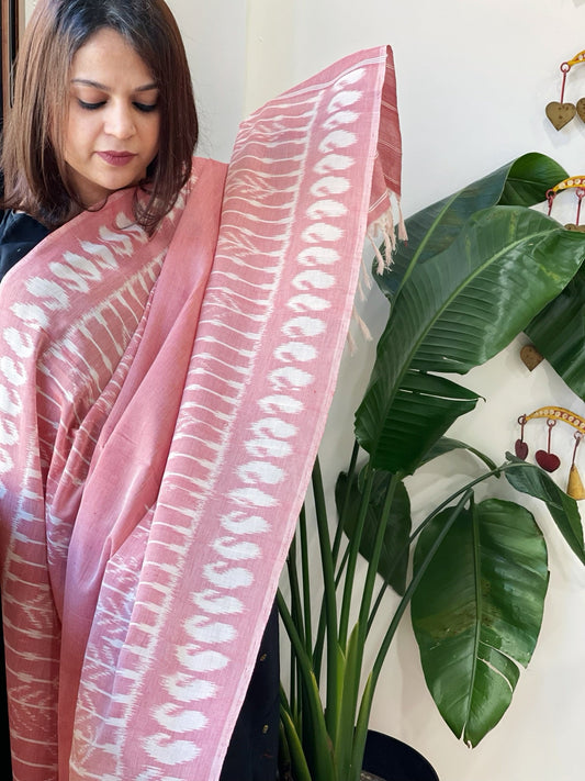 Pink, White Handwoven Ikat Dupatta in Cotton - Masakalee