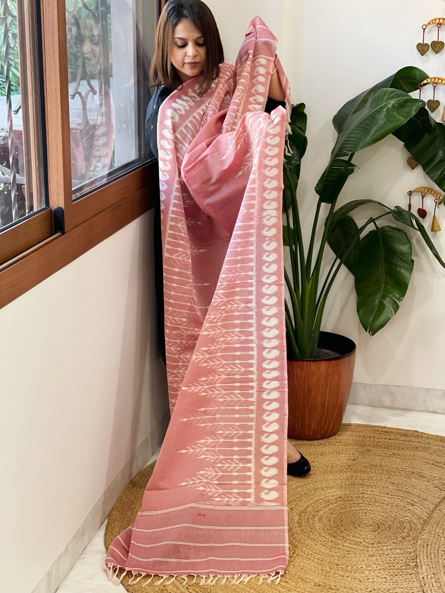Pink, White Handwoven Ikat Dupatta in Cotton - Masakalee