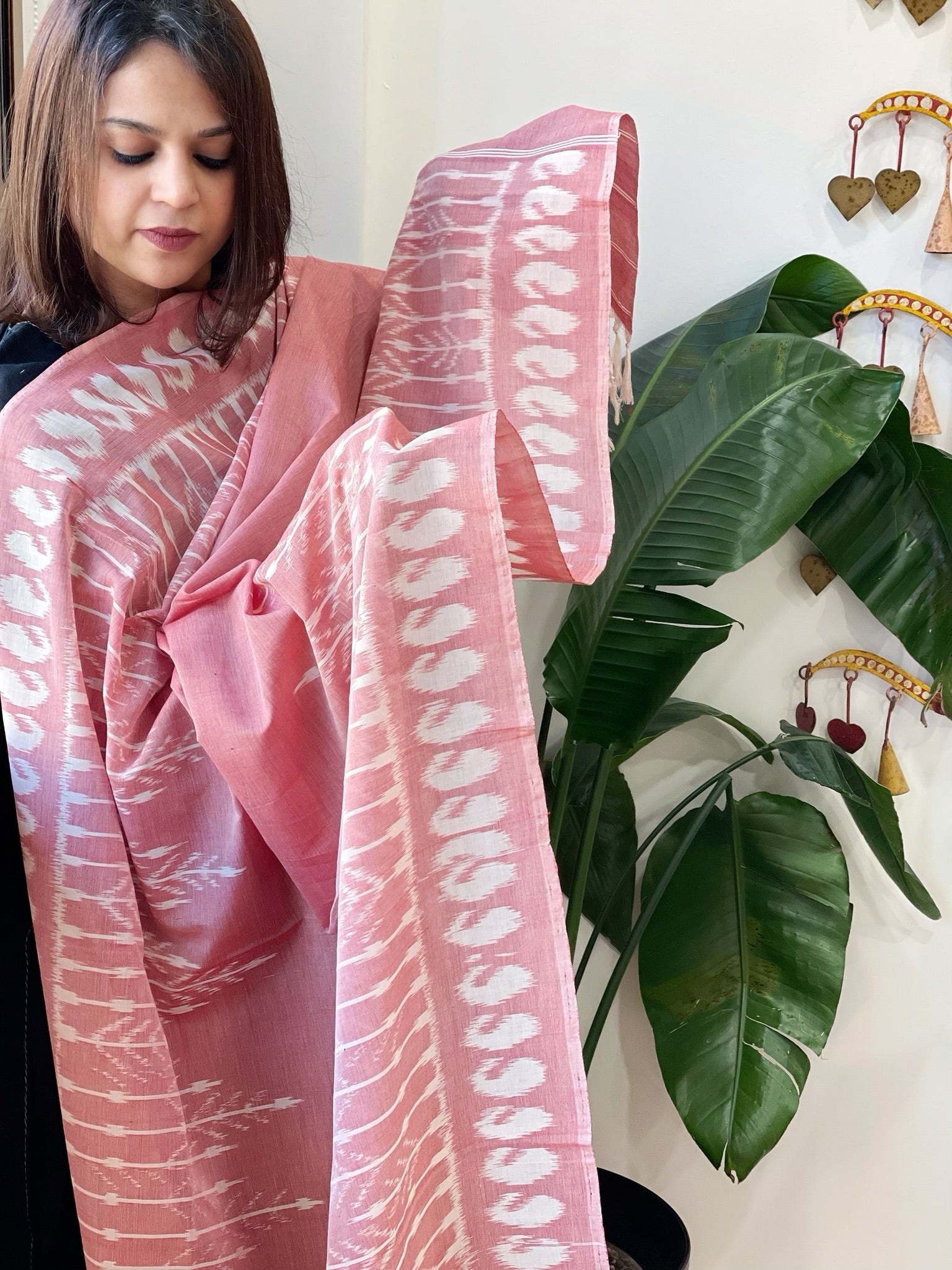Pink, White Handwoven Ikat Dupatta in Cotton - Masakalee
