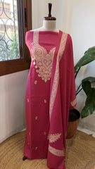 Pink Winter Suit Set with Aari Work in Pashmina Wool - Masakalee