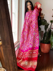 Pink with Red Bandhani Dupatta with Gotapatti Handwork in Pure Silk - Masakalee