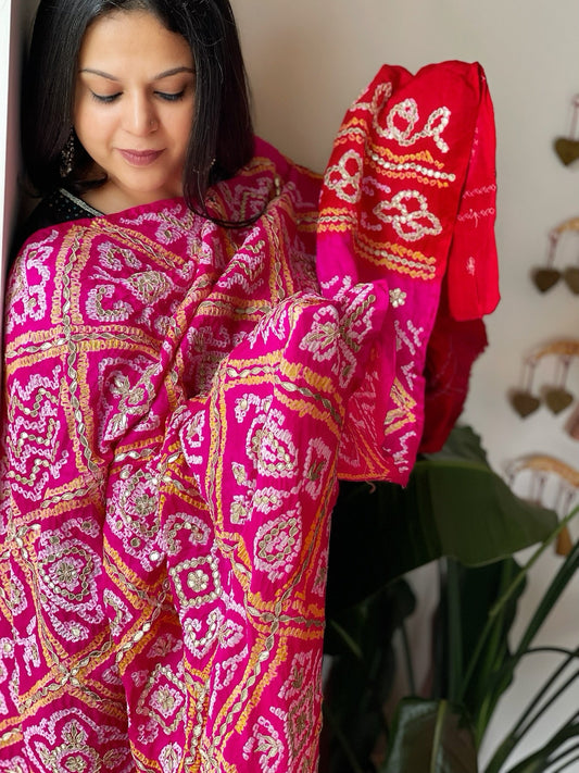 Pink with Red Bandhani Dupatta with Gotapatti Handwork in Pure Silk - Masakalee