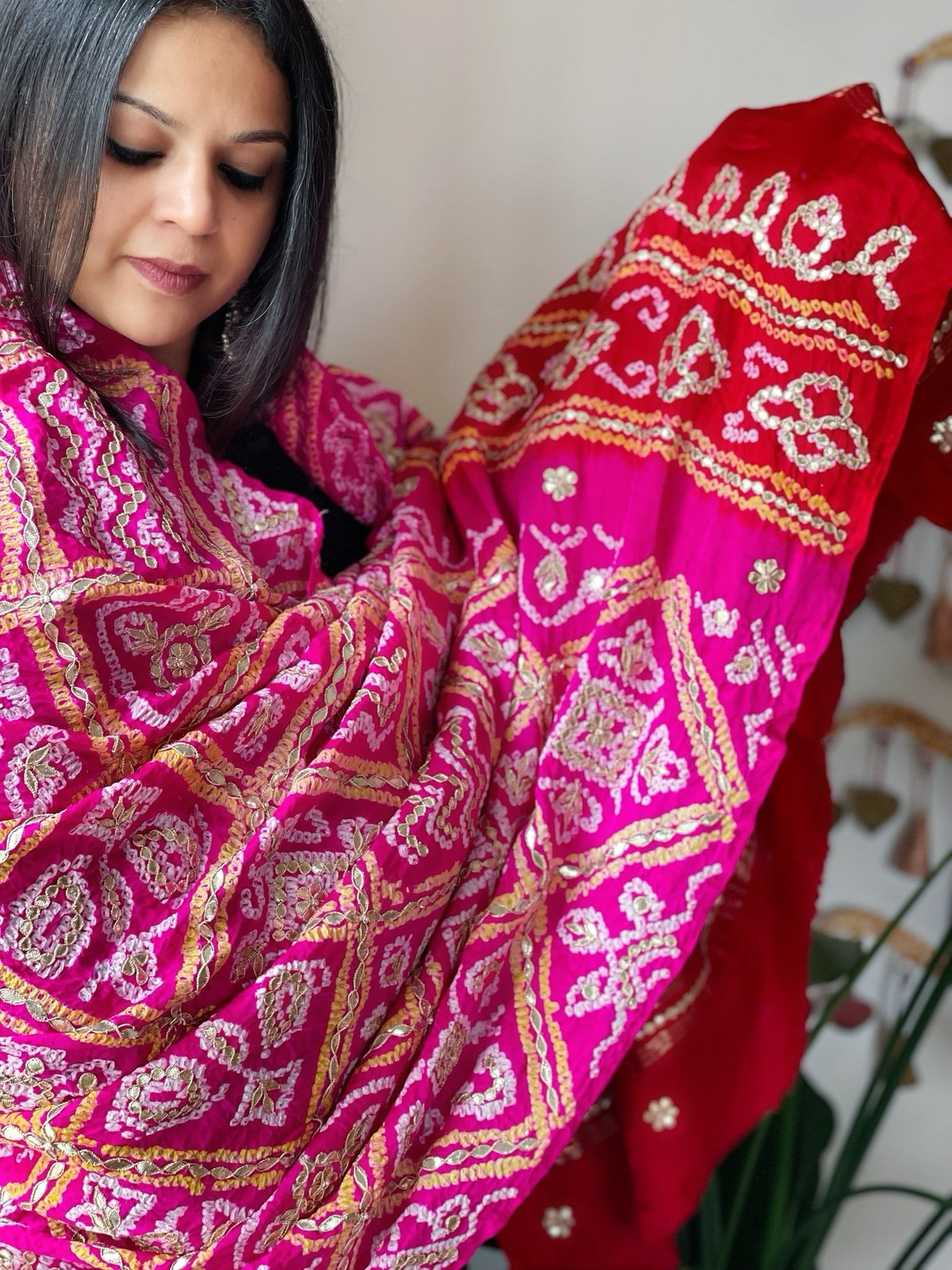 Pink with Red Bandhani Dupatta with Gotapatti Handwork in Pure Silk - Masakalee