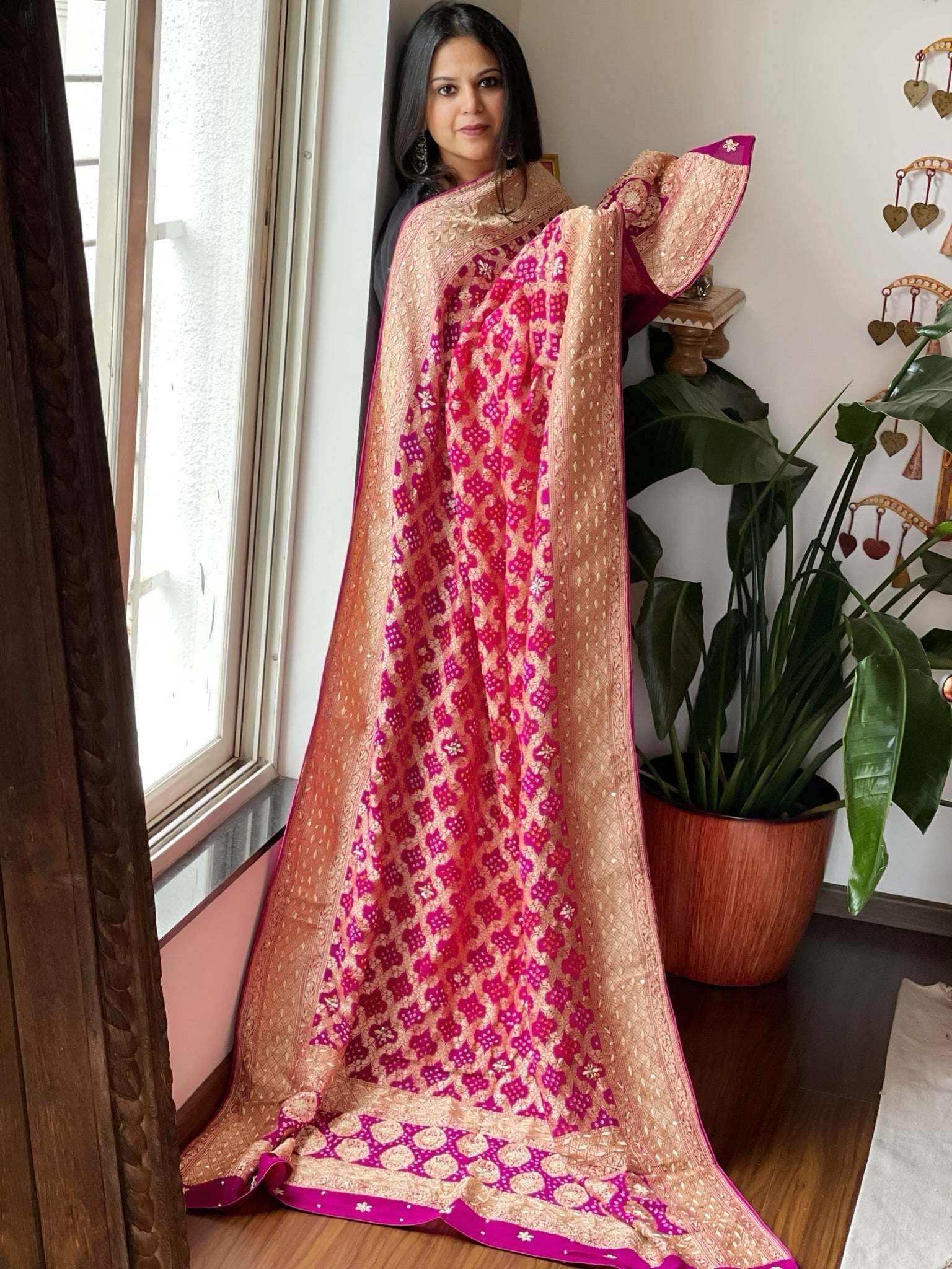 Pink with Wine Handwoven NeemZari Bareek Bandhani with Dabka Handwork in Pure Georgette - Masakalee