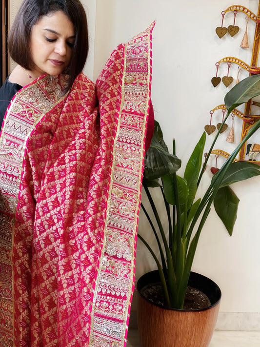 Pink Woven Bandhej Banarasi Dupatta in Fine Georgette with Pearl, Sequin, Dabka Work - Masakalee