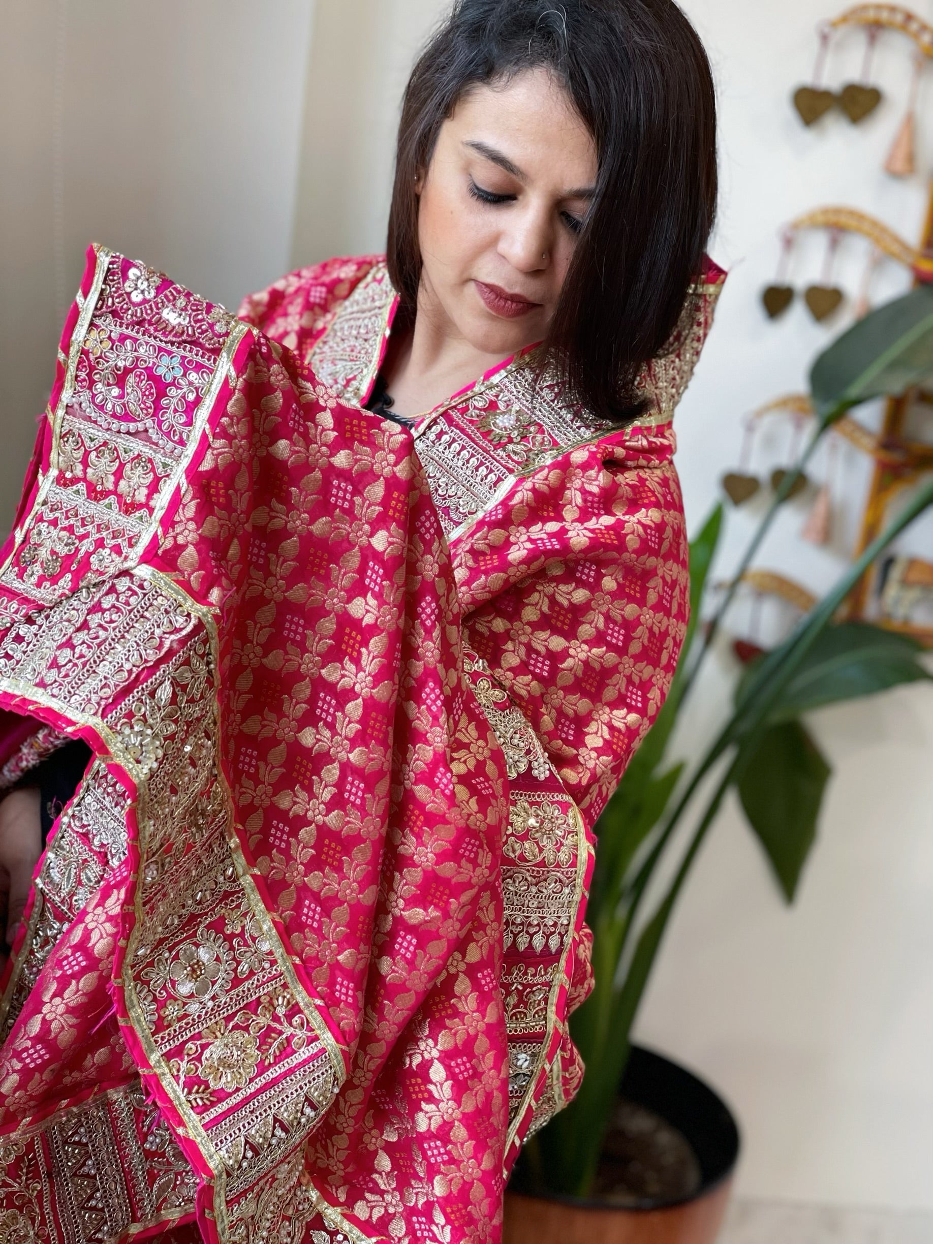 Pink Woven Bandhej Banarasi Dupatta in Fine Georgette with Pearl, Sequin, Dabka Work - Masakalee