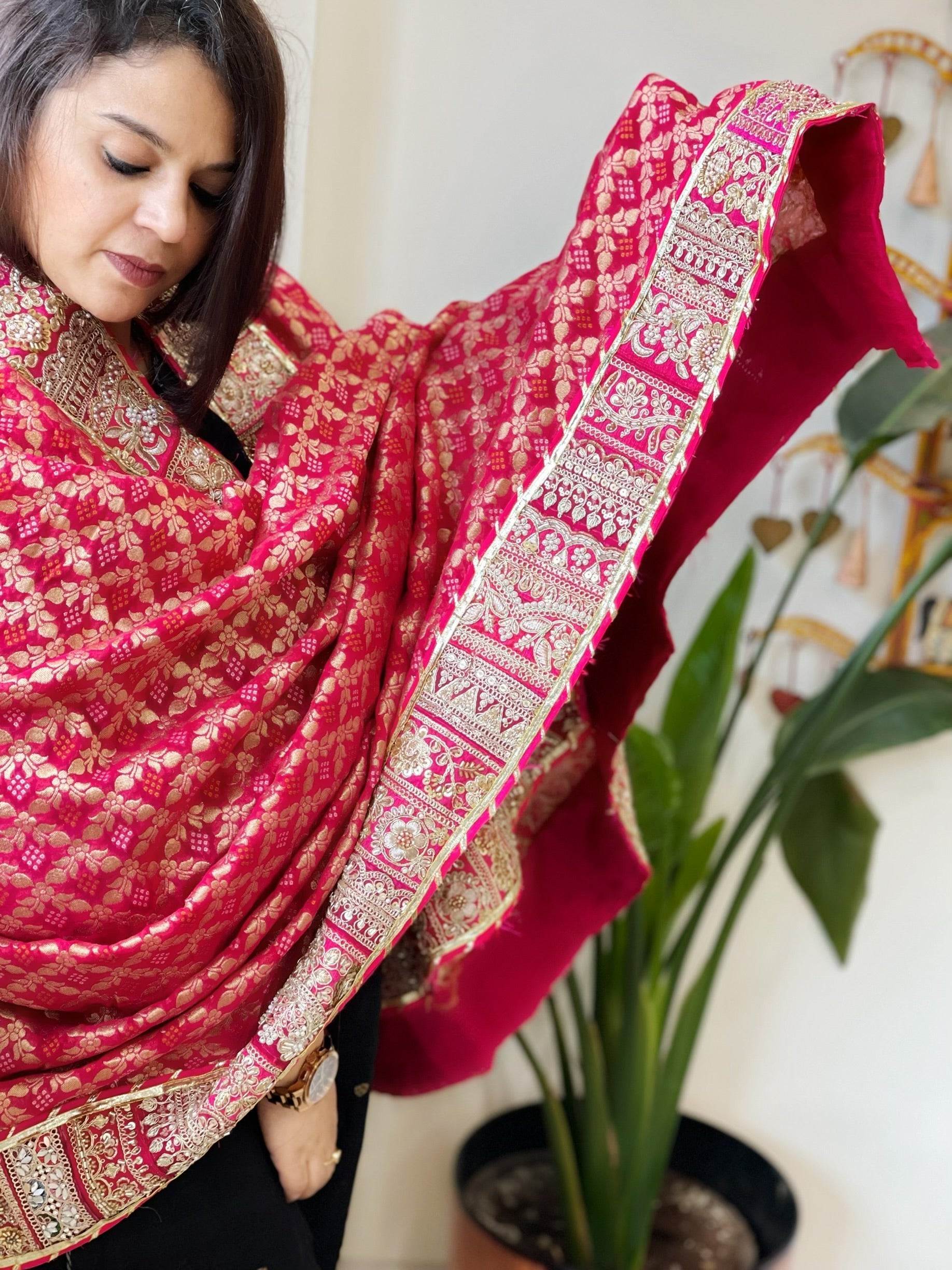 Pink Woven Bandhej Banarasi Dupatta in Fine Georgette with Pearl, Sequin, Dabka Work - Masakalee