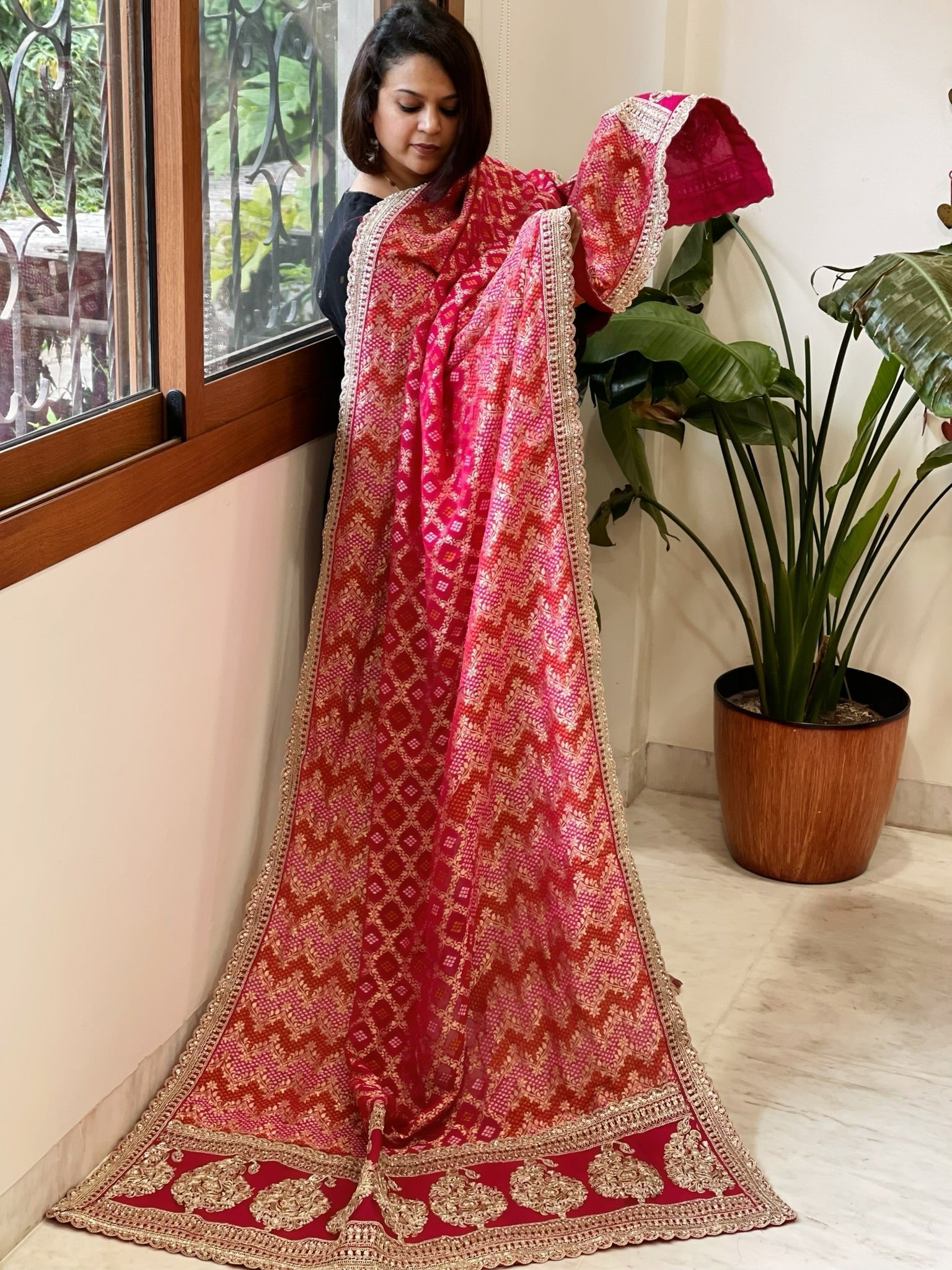 Pink Woven Bandhej Banarasi Dupatta in Fine Georgette with Zardosi Work - Masakalee