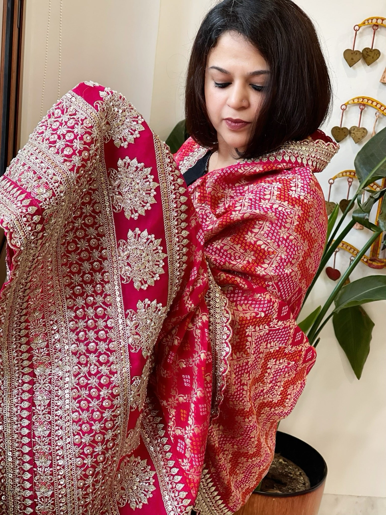 Pink Woven Bandhej Banarasi Dupatta in Fine Georgette with Zardosi Work - Masakalee