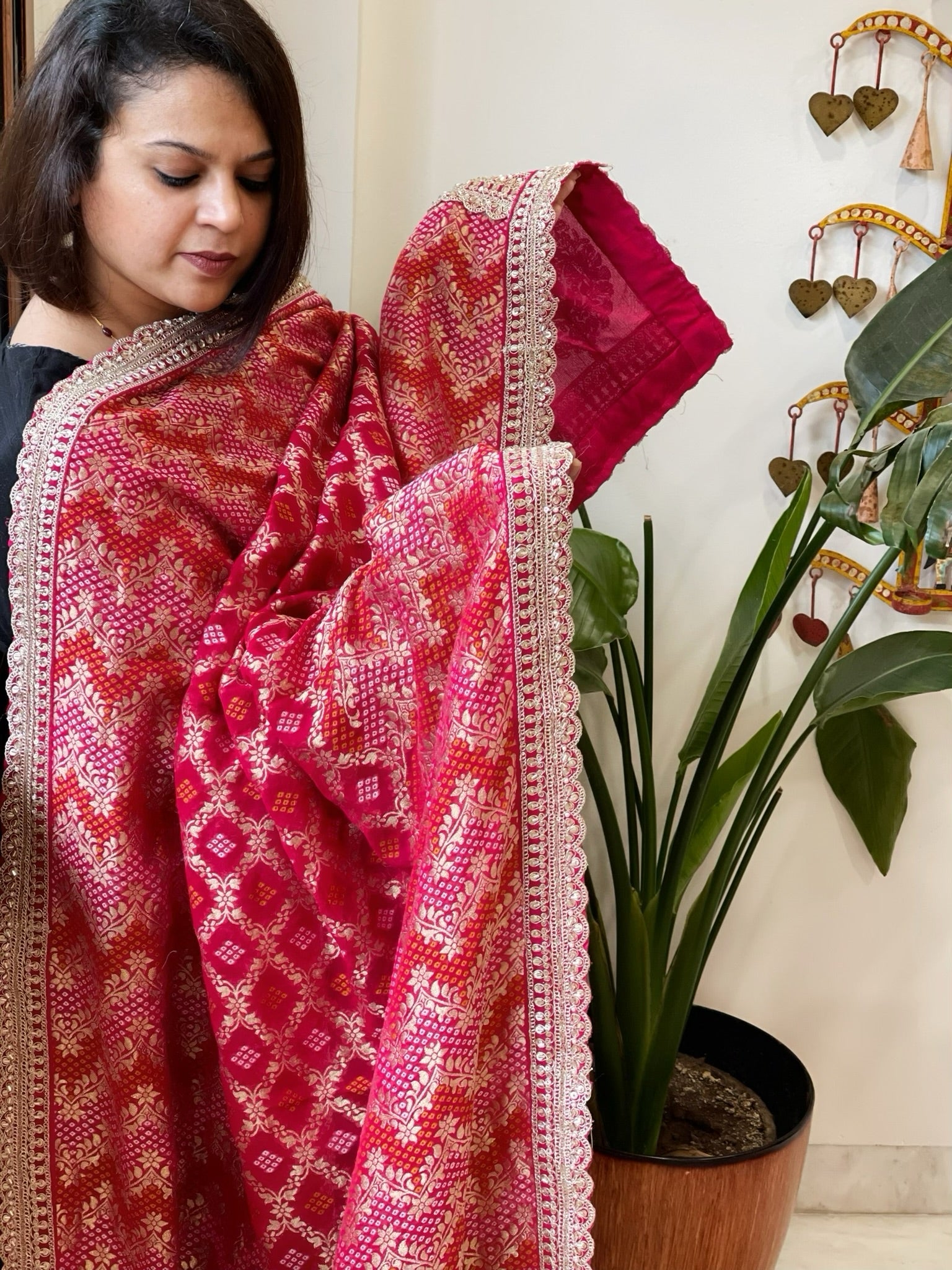 Pink Woven Bandhej Banarasi Dupatta in Fine Georgette with Zardosi Work - Masakalee